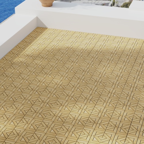 18044 Diamond Type E teak Floor Tile on outdoor terrace with potted plant and hillside with ocean view in background