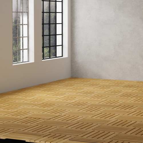 18490 Callebotise Teak Floor Tiles  on an interior room with windows in background