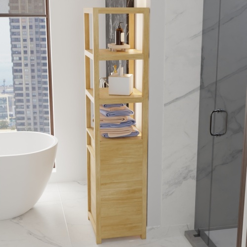 18815F Pacifica Linen Tower with Shelves and a Tilt Out Bin in angled aerial front view on bathroom tiled floor behind a soaking tub against a wall next to a shower in background