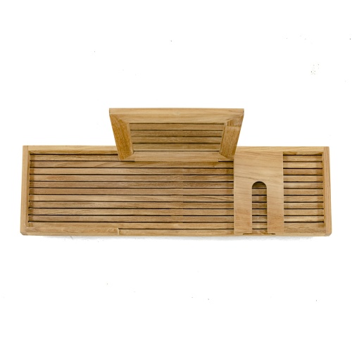 18816 Pacifica teak Bathtub Tray aerial view showing toiletries body sponge glass of wine sitting on a tub