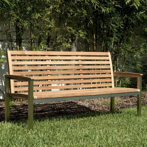 23200 Vogue 5 foot Teak and Stainless Steel Bench aerial angled front view on white background