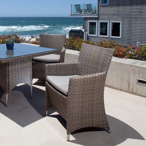 29001SGDP Valencia Summer Grass Armchair dining set with potted plant on table top on a concrete terrace surrounded by landscape plants a house and ocean and blue sky background