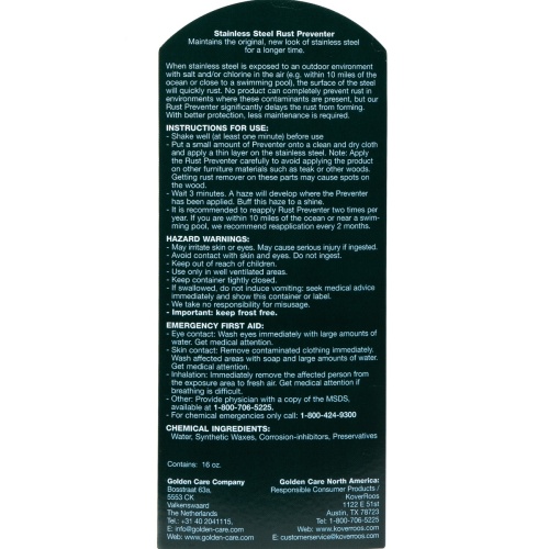 30107 Golden Care Stainless Steel Care Kit label instructions on back on white background