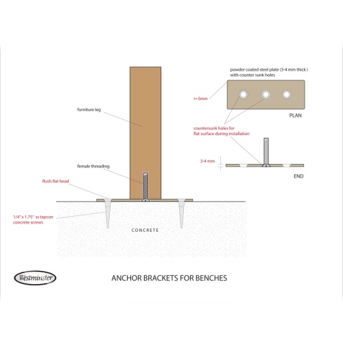 40010 Westminster Bench Anchor Brackets for Outdoor Teakwood Benches showing autocad on white background