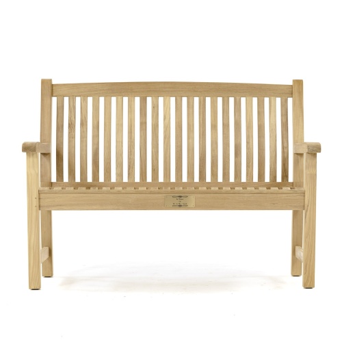 42000 Personalized brass Plaque shown on underside seating area of Veranda 4 foot long teak bench front view on a white background