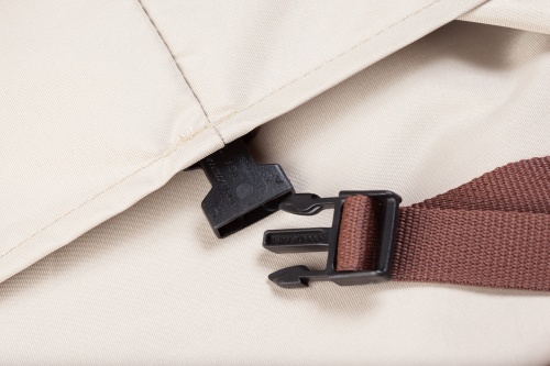 61510FO Vogue Bar Stool of 4 stacked high Cover showing closeup of securing strap and clasp of canvas