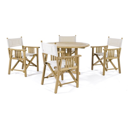 70001 Barbuda 5 piece teak Director Chair Set showing a Barbuda Folding Table and 4 Director Chairs in side angled view on white background