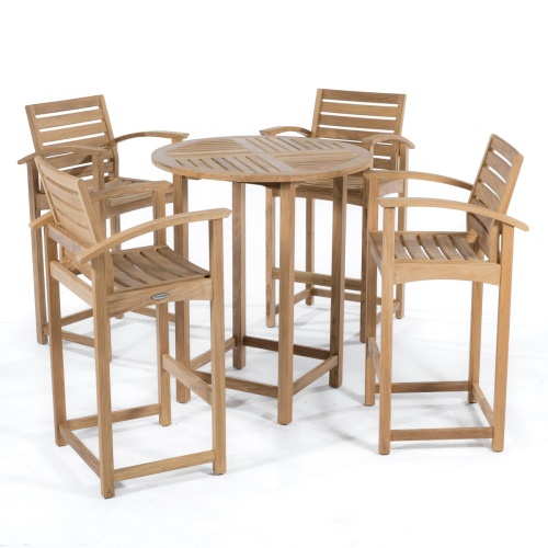 70013 Somerset teak 5 piece Bar Table Set of 4 bar stools and 36 inch round bar table on patio with bowl of oranges on table aerial view with grass area background