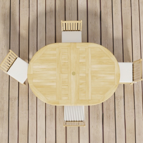 70031 Martinique Veranda 5 pc Dining Set of Martinique Oval Teak Table and 4 Veranda Side Chairs with optional cushions on wood deck with glass door and wall in background