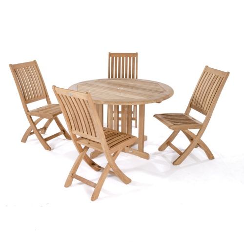70036 Barbuda teak 5 piece round Dining Set with optional seat cushions and table showing glass bowl of green apples aerial view on brick patio
