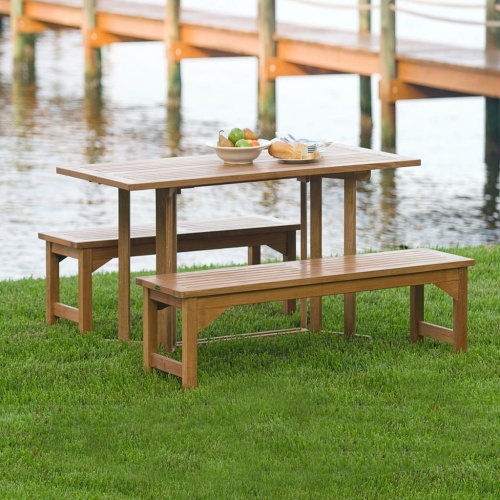 70061 Barbuda Picnic Table teak Dining Set on grass field with tree in background