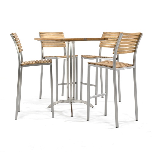 0075 Vogue High Bar Set two sets with 3 tea cups and tea pot on one set and condiments and napkin holder on another set on concrete patio with glass sliding doors in background