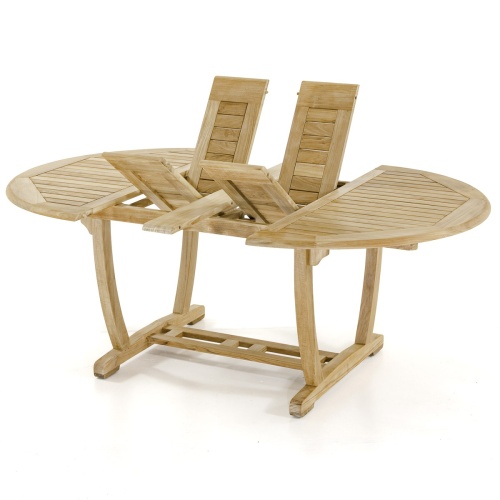 70078 Martinique teak oval extendable dining table angled side view showing double butterfly leaf extensions folded outward in v on white background