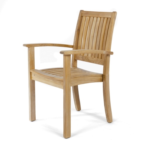 70210 Sussex 5 pc Teak Dining Set of Square Bistro Teak Table and 4 Sussex Armchairs in angled view of table top on patio with  house and windows in the background