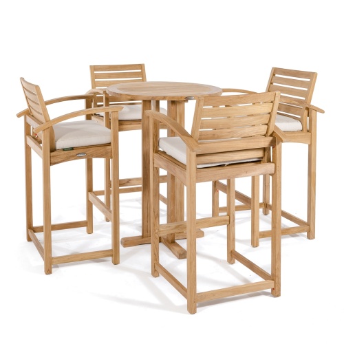 70249 Somerset 5 piece Bistro Bar Set of 4 teak barstools with optional cushions and a round 30 inch diameter bar table on white background
