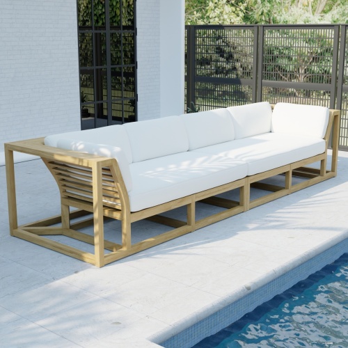 70278  Maya Grand Sofa Set of Maya Left and Right Side Sectional in aerial front view on a patio facing a pool and a house with 2 windows in the background