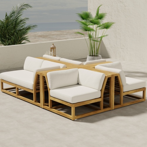 70279 Centerpiece 4 pc Sofa Set of the Maya Left and Right Side Sectional and 2 Corner Sectionals in angled aerial view on concrete terrace with potted plant in background