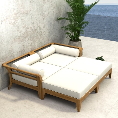 70284  Aman Dais 4 pc Day Bed of 2 Aman Dais corner sectionals and 2 ottoman in angled aerial view on outdoor patio next to a wall and potted plant in background