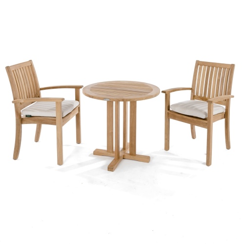 70296 Sussex 3 piece Teak Bistro Set of 2 teak dining armchairs and round 30 inch diameter dining table  side view on white background