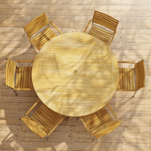 70349 Barbuda Vogue Teak 7 pc Dining Set showing Barbuda 60 inch round DIning Table and 6 Vogue Teak and Stainless Steel  Stacking Armchairs in aerial view on paver patio 