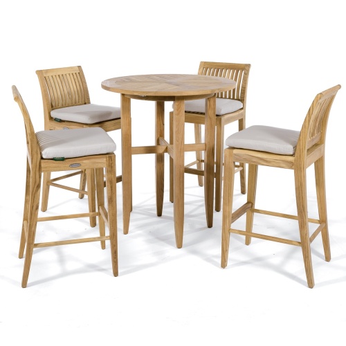 70416 Laguna 5 piece teak High Bar set of four bar stools and round 36 inch diameter bar height table on white background
