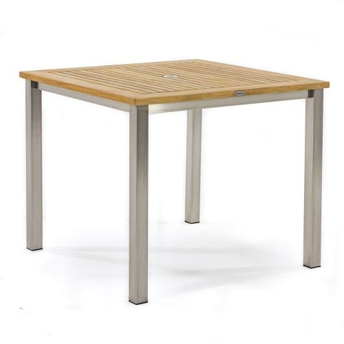 25190 Vogue 36 inch Square Teak and 304 Stainless Steel Dining Table in angled corner view on white background
