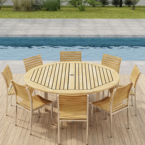 70444 Vogue Teak Dining Set for 8 in angled side view on outdoor deck in front of a pool with a fence and plants and trees in background 