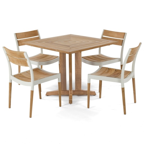 70451 Pyramid Bloom Dining Set of 4 Bloom teak and powder coated aluminum dining side chairs and Pyramid 36 inch square teak dining table on white background