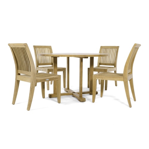 70482 Laguna 4 foot round teak Dining Set of a 4 foot round teak dining table and 4 teak side chairs side profile on white background