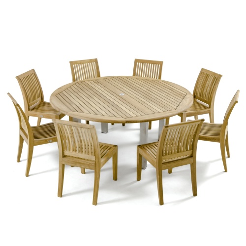 70488 Vogue Laguna Dining Set of 8 teak side chairs and a teak 72 inch round dining table angled aerial view on white background