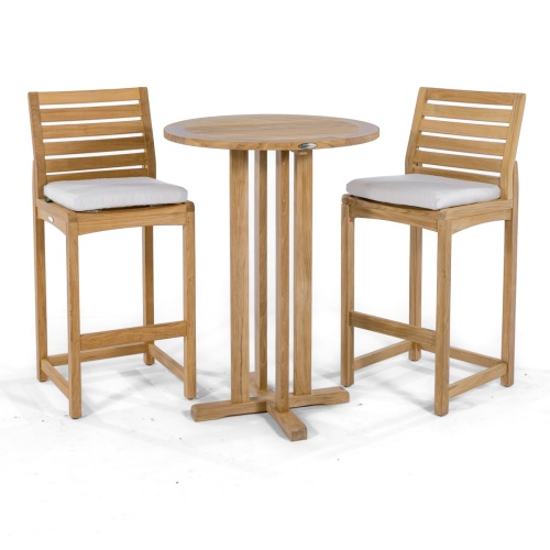 70499 Somerset 3 piece Bistro Bar Set on concrete patio with lake trees and boat dock in background