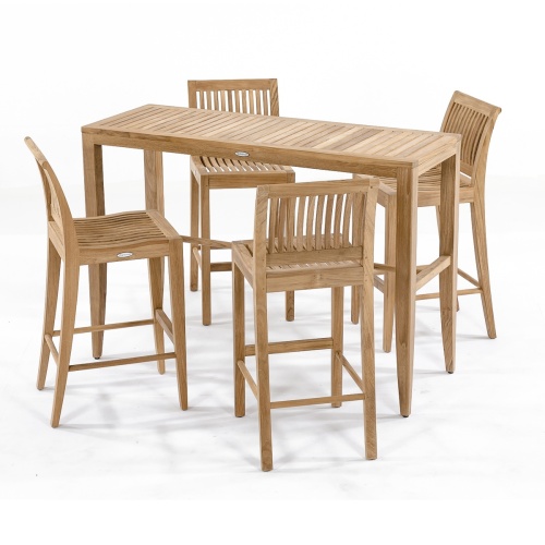 70500 Laguna 5 piece Teak High Bar Set on patio pavers showing 2 blue candles and fish plate on table by pool with fireplace 2 chairs potted flowering plant and shrubs in background
