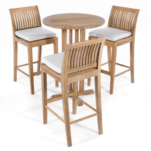 70503 Laguna Pub Set showing 3 barstools with cushions around teak bar table on white background