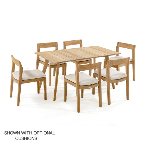 70527 Surf Horizon 7 piece teak Dining Set of 6 side chairs and teak 60 inch rectangular dining table with optional canvas colored seat cushions angled aerial view on white background