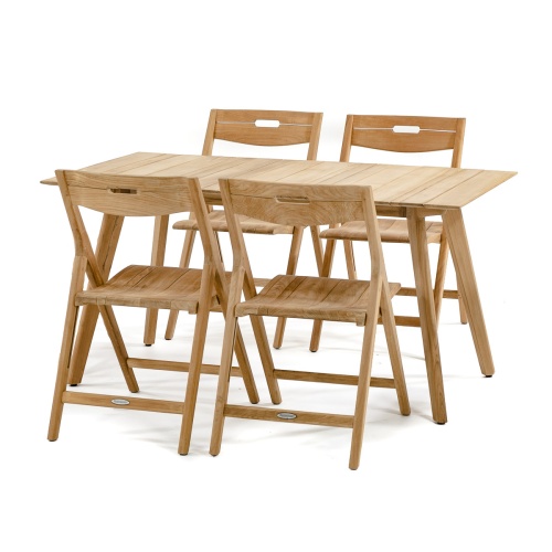 70528 Surf teak 5 piece Dining Set of 4 teak folding side chairs and teak 60 inch rectangular dining table side view on white background