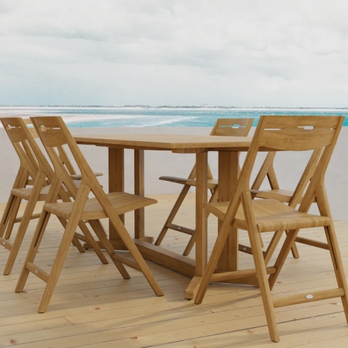 70538 Surf Pyramid Teak Dining Set for 6 angled side view on outdoor terrace with the ocean and sky in the background 