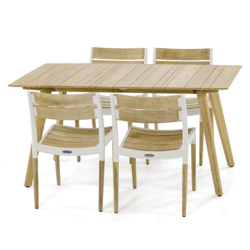 70566 Surf Bloom 5 piece Dining Set of 4 Bloom teak and powder coated aluminum dining chairs and Surf 5 foot rectangular teak table angled side view on white background