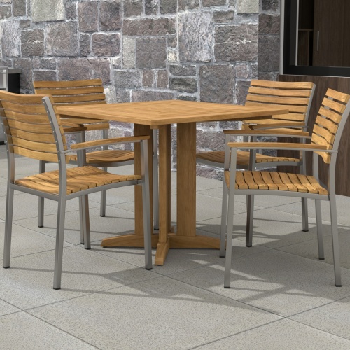 70575 Vogue Pyramid 5pc Dining Set in angled aerial view of table top on patio with a window in background