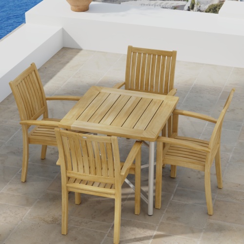 70597 Odyssey Sussex 5 pc Dining Chair Set of Odyssey Square Table and 4 Sussex Dining Chairs in angled aerial view on tiled terrace 