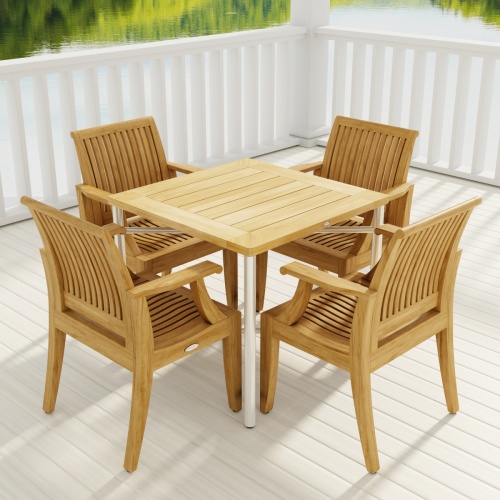 70598 Odyssey Laguna Dining Chair Set of Odyssey Table and 4 Laguna Dining Chairs angled aerial view on patio with railing and column in background 