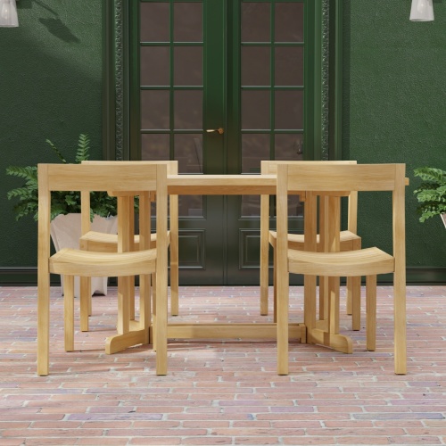 70610 Nevis Horizon Teak Wood 5 pc Dining Set on brick patio in side view with windows and potted plants in background 