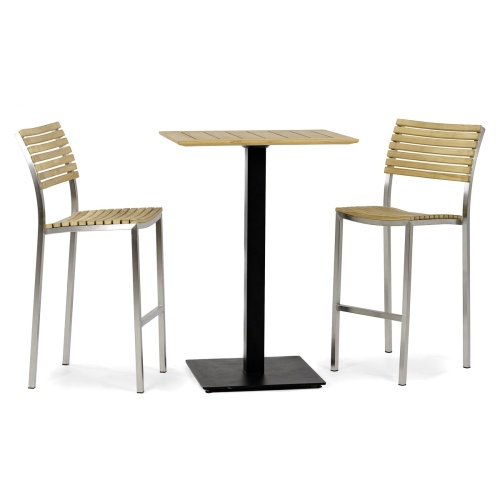70640 Vogue 3 piece Bar Set showing 2 teak and stainless steel high bar stools and a rectangular bar table on white background