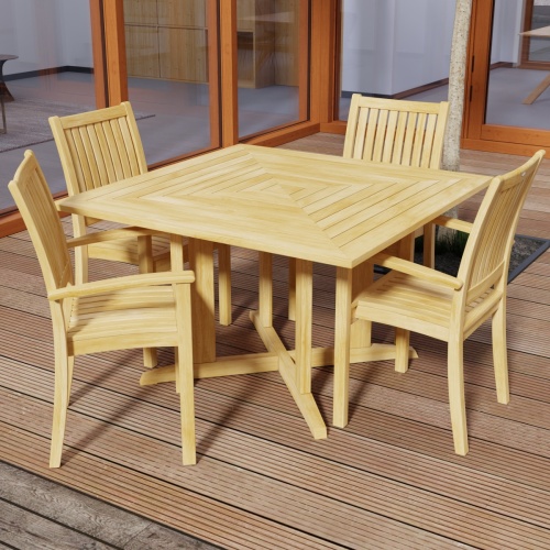 70685 Sussex Pyramid 5 pc Dining Set of Pyramid Square Dining Table and 4 Sussex Armchairs in angled top view on wood deck with door to house in background 