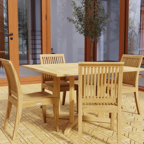 70711 Laguna Pyramid 5 pc Dining Set of Pyramid 48 inch Square Table and 4 Laguna Side Chairs in angled corner view on teak tiled patio with glass door of home in background