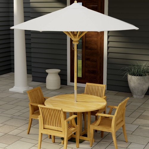 70736 Barbuda Laguna Dining Set of Barbuda 4 ft Round Dining Table and 4 Laguna Arm Chairs on tiled patio aerial view of table top