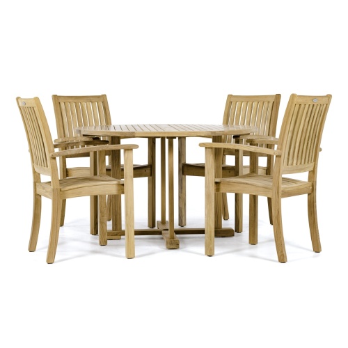  70737 Sussex teak Round Dining Set angled top view with 4 armchairs and round 48 inch diameter round dining table side view on white background