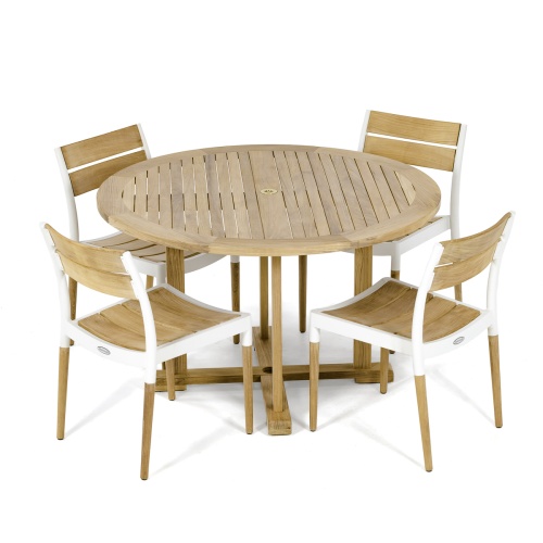 70747 Bloom 5 piece Round Dining Set of 4 teak and white powder coated aluminum dining side chairs and 48 inch round teak dining table on white background
