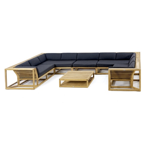 70755 Maya 6pc Lounge Set with cushions in U shape in angled front view on patio with staircase of house in the  background