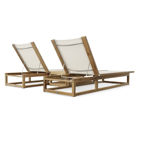 70930 Maya Teak Double Sling Lounger Set showing 2 Maya Teak Sling Loungers upright position in white mesh fabric and Maya Teak Side Table angled back view on white background