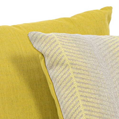 71005ccpg citrus glow two throw pillow two tone with one in solid yellow and other in geometric design on white background